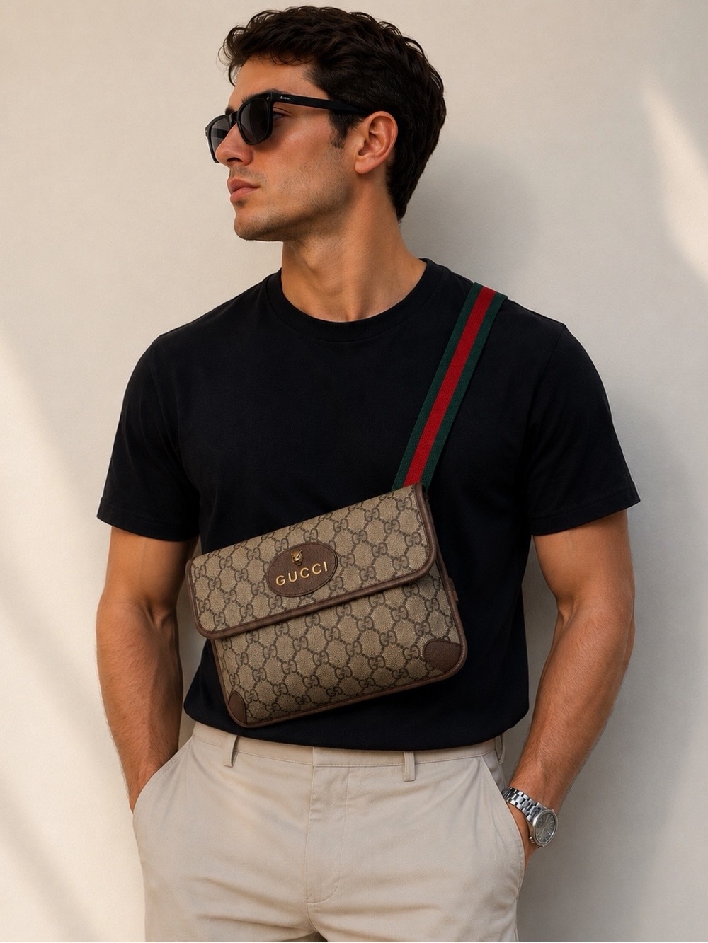 Gucci Beige GG Supreme Canvas Belt Bag with Green and Red Web Strap